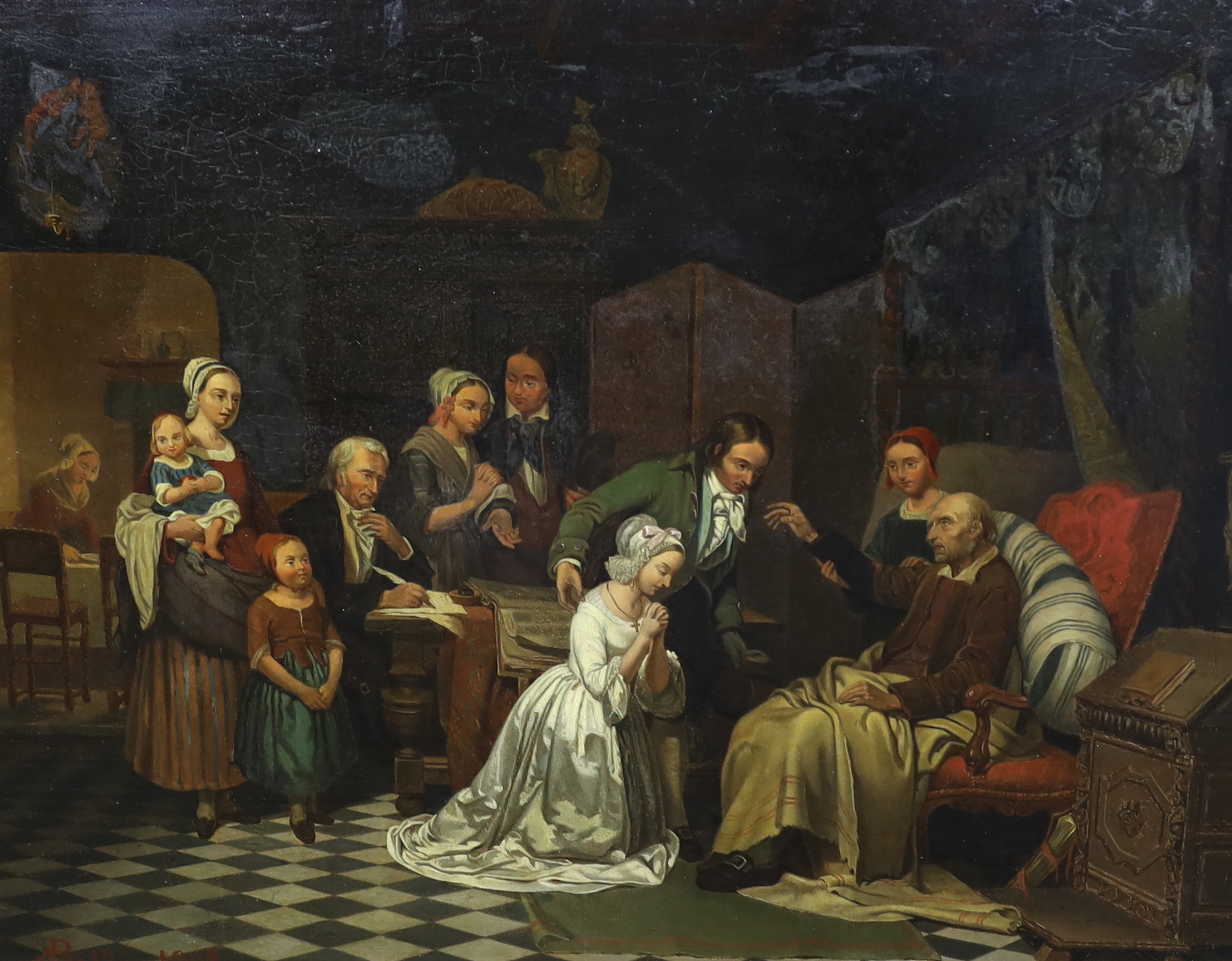 Eugène François de Block (Dutch, 1812-1893), Interior with family around a dying man, oil on panel, 39 x 49cm